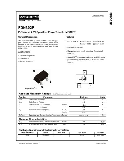 Fairchild FDN302P P-Channel MOSFET Datasheet - cover page