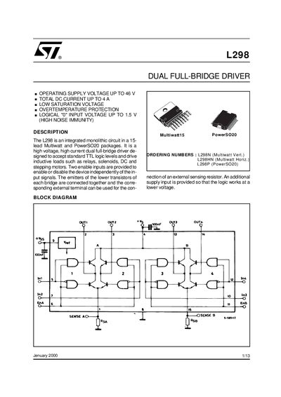 STMicroelectronics L298 Dual Full-Bridge Driver Datasheet - cover page