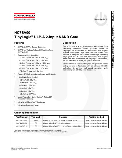 Fairchild NC7SV00 TinyLogic ULP-A 2-Input NAND Gate Datasheet - cover page