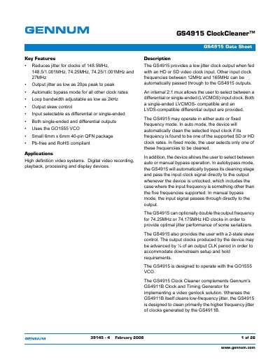 Gennum GS4915 Clock Cleaner Data Sheet - cover page