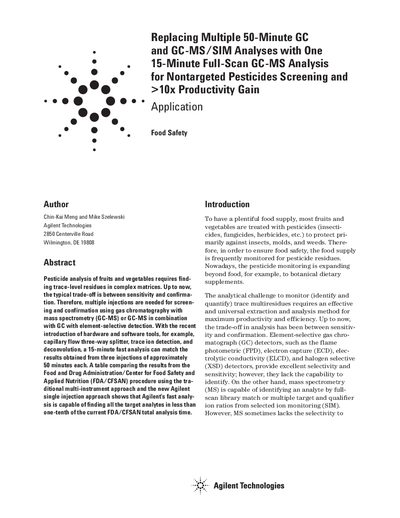 Agilent Replacing Multiple 50-Minute GC GC-MS/SIM Analyses with One 15-Minute Full-Scan GC-MS Analysis for Nontargeted Pesticides Screening 10x Productivity Gain Manual - cover page