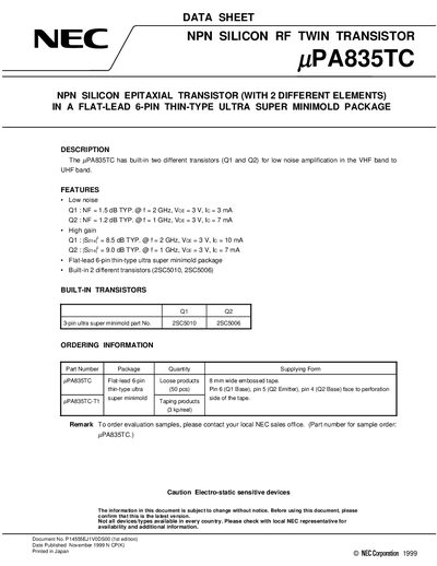 NEC uPA835TC RF Twin Transistor Datasheet - cover page