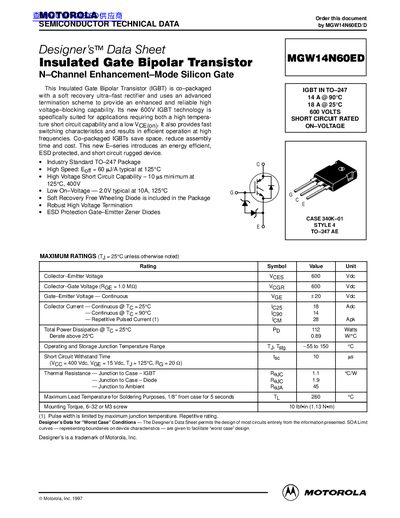 Motorola MGW14N60ED IGBT Datasheet - cover page