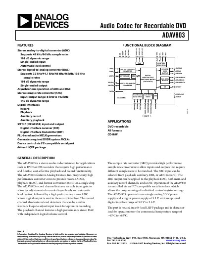 Analog Devices ADAV803 Audio Codec Product Handbook - cover page