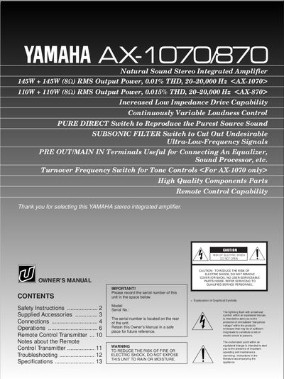 Yamaha AX-1070/AX-870 Stereo Integrated Amplifier Owner's Manual - cover page