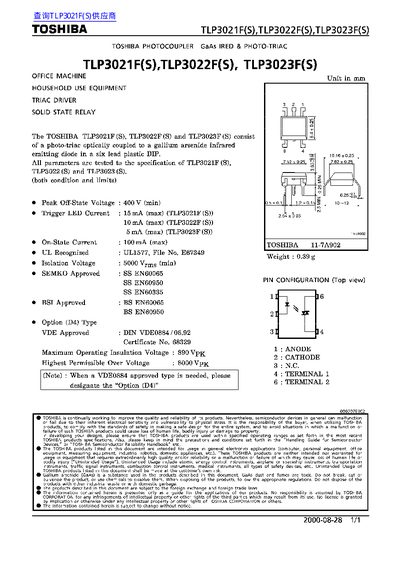 Toshiba TLP3021F(S)/TLP3022F(S)/TLP3023F(S) Datasheet