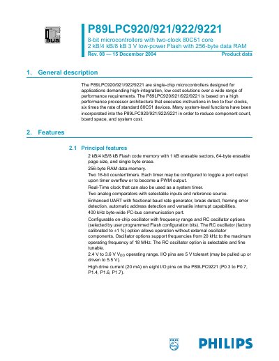 Philips P89LPC920/921/922/9221 Datasheet - cover page