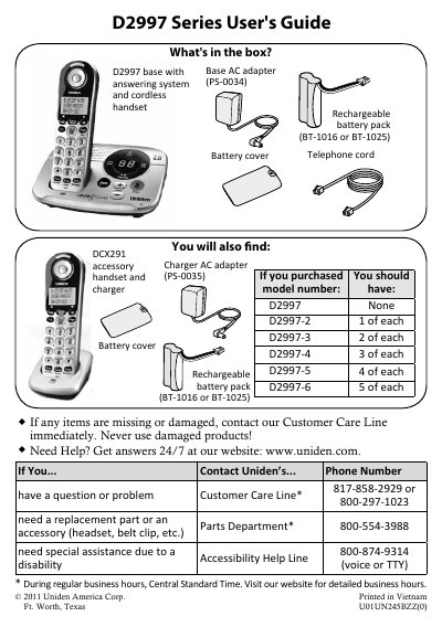 Uniden D2997 Series Cordless Telephone User Manual - cover page