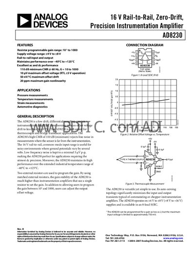 Analog Devices AD8230 Instrumentation Amplifier Datasheet - cover page