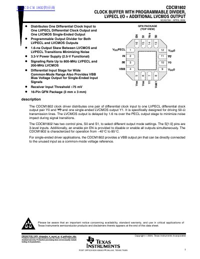 Texas Instruments CDCM1802 Clock Buffer Datasheet - cover page