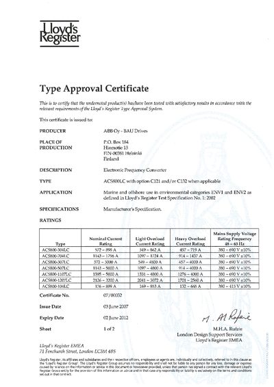ABB ACS800LC Type Approval Certificate