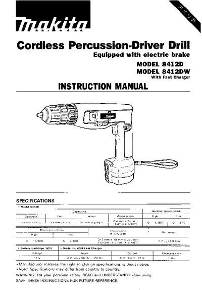 Makita 8412D Cordless Percussion-Driver Drill User Manual - cover page