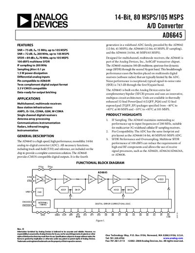 Analog Devices AD6645 14‑Bit ADC Datasheet - cover page