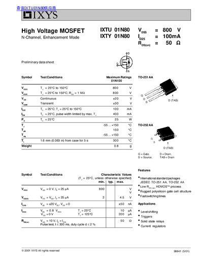 IXYS IXTU/IXTY 01N80 High Voltage MOSFET Datasheet - cover page