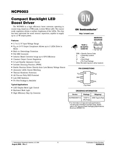 ON Semiconductor NCP9003 Compact Backlight LED Boost Driver Handbook - cover page