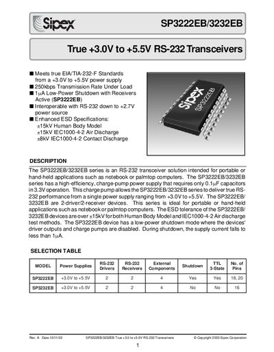 Sipex SP3222EB/3232EB RS-232 Transceiver Datasheet - cover page