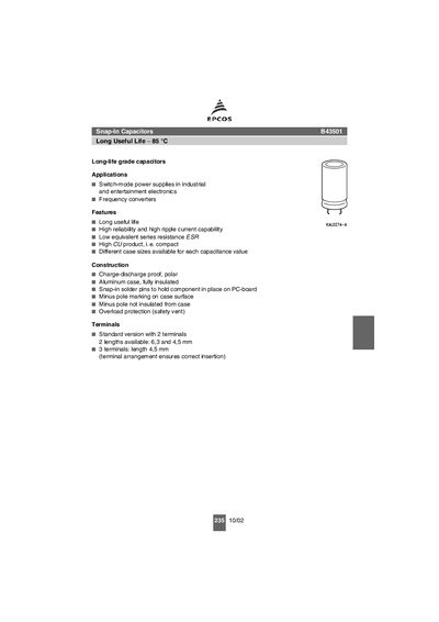 EPCOS B43501 Snap-In Capacitor Datasheet - cover page