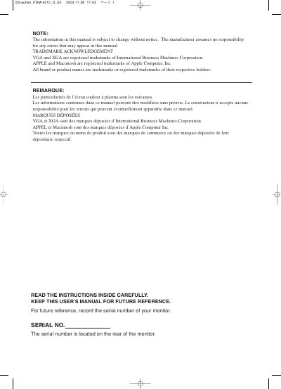 Yamaha HSIT9N4 High Definition Plasma Monitor User's Manual - cover page