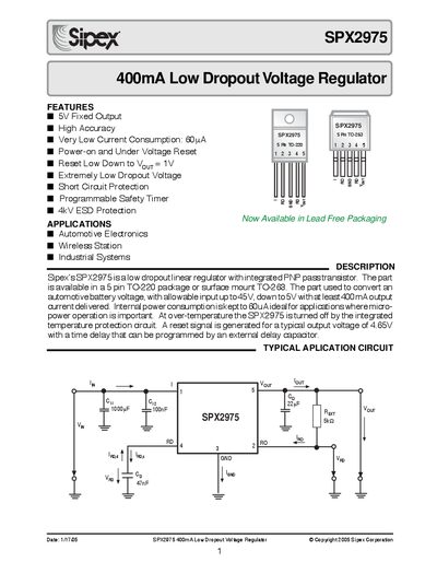 Sipex SPX2975 400mA Low Dropout Voltage Regulator Datasheet - cover page