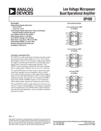 Analog Devices OP490 Quad Operational Amplifier Datasheet