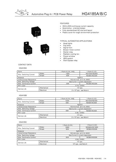 DB LECTRO HG4185A/B/C Automotive Plug-In PCB Power Relay Datasheet - cover page