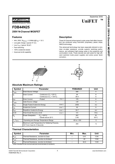 Fairchild FDB44N25 N-Channel MOSFET Datasheet - cover page