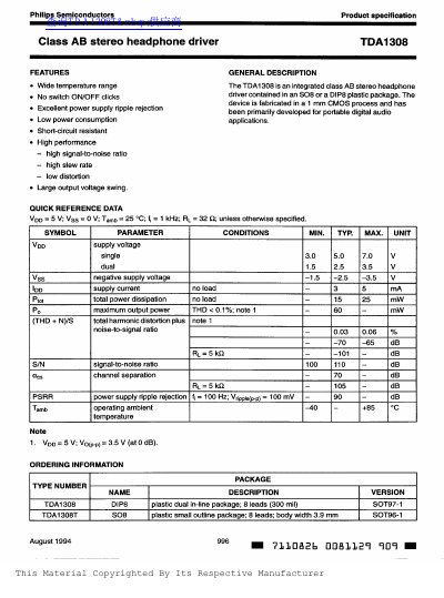 Philips TDA1308 Class AB Stereo Headphone Driver Datasheet
