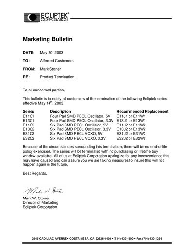 Ecliptek E11C1 Series PECL Oscillator Marketing Bulletin - cover page