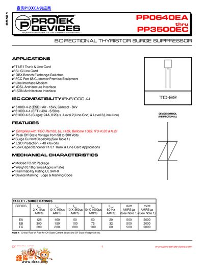 ProTek Devices PP0640EA-PP3500EC Bidirectional Thyristor Surge Suppressor Datasheet - cover page