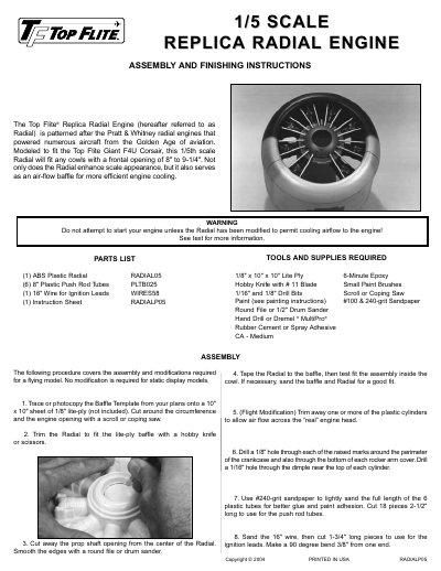 Top Flite RADIALOS 1/5 Scale Replica Radial Engine Assembly and Finishing Instructions - cover page
