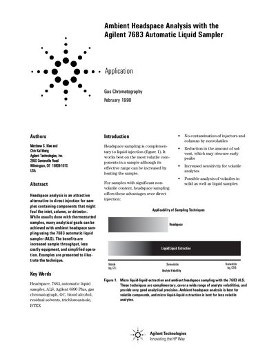 Ambient Headspace Analysis with the Agilent 7683 Automatic Liquid Sampler Application Note - cover page