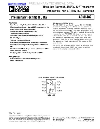 ANALOG DEVICES ADM1487 Ultra-Low Power RS-485/RS-422 Transceiver with Low EMI +/-10kV ESD Protection handbook 