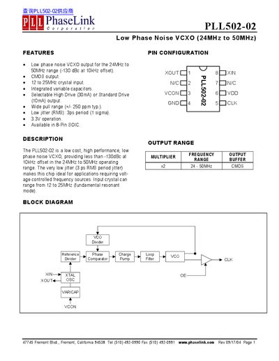 PhaseLink PLL502-02 Low Phase Noise VCXO Datasheet - cover page
