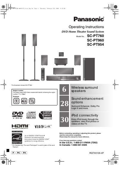 Panasonic SC-PT760/SC-PT960/SC-PT954 DVD Home Theater Operating Instructions - cover page