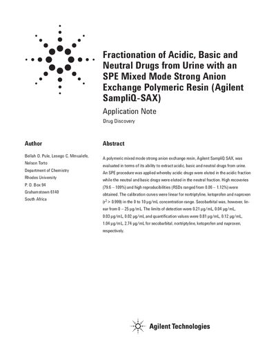 Fractionation of Acidic, Basic and Neutral Drugs from Urine with Agilent SampliQ-SAX Application Note - cover page