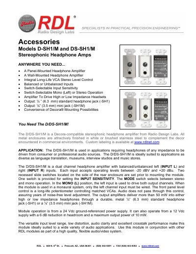 Radio Design Labs D-SH1/DS-SH1/M Stereophonic Headphone Amplifier Datasheet - cover page