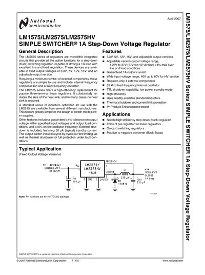 National Semiconductor LM1575/LM2575/LM2575HV Series Simple Switcher 1A Step-Down Voltage Regulator Datasheet - cover page