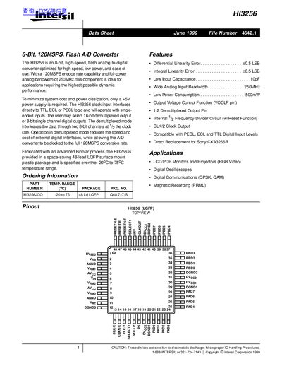 Intersil HI3256 8-Bit Flash A/D Converter Datasheet - cover page