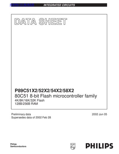 PHILIPS P89C51X2/52X2/54X2/58X2 80C51 8-bit Flash microcontroller family 4K/8K/16K/32K Flash 128B/256B RAM datasheet - cover page