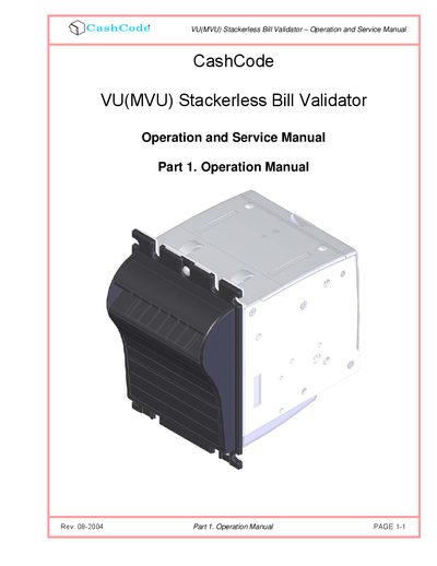 CashCode VU(MVU) Stackerless Bill Validator Service Manual - cover page
