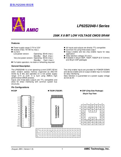 AMIC LP62S2048-I 256K×8 Low Voltage CMOS SRAM Datasheet - cover page