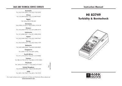 Hanna Instruments HI 83749 Turbidity & Bentocheck Instruction Manual - cover page