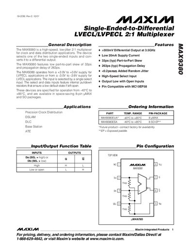 Maxim MAX9380 2:1 Multiplexer Datasheet - cover page