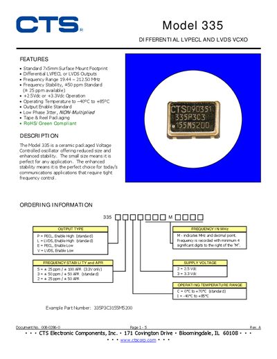 CTS Model 335 Differential LVPECL and LVDS VCXO Datasheet - cover page