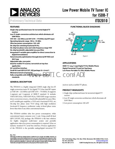 Analog Devices ITD2010 Low Power Mobile TV Tuner IC Datasheet - cover page