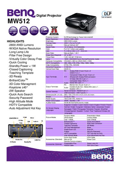 BenQ MW512 Digital Projector User Manual - cover page