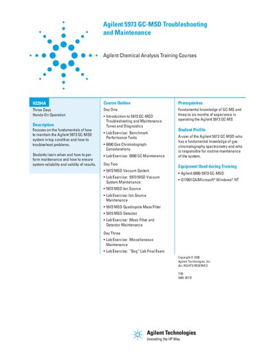 Agilent Practical 5973 GC-MSD Troubleshooting Maintenance (H2294A) handbook - cover page