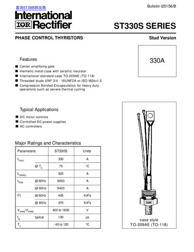 International Rectifier ST330S Series Phase Control Thyristors Datasheet - cover page