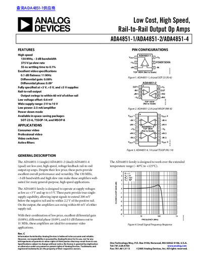 Analog Devices ADA4851-1/2/4 Low Cost High Speed Rail-to-Rail Output Op Amps Datasheet