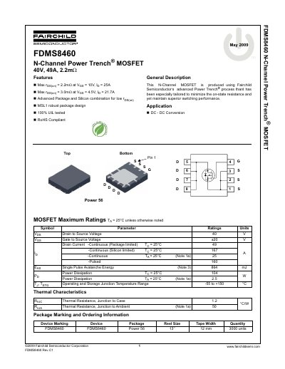 Fairchild Semiconductor FDMS8460 N-Channel Power Trench MOSFET Datasheet - cover page